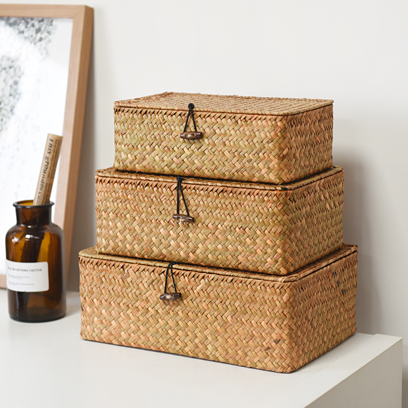 Straw storage box bamboo gift box with lid desktop storage basket seaweed gift rattan finishing Japanese storage box