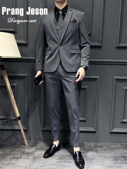 High-End Striped Men's Suit Set Business Casual Formal Wear Wedding Groom Suit Three-Piece Slim Fit Dress Suit for Men