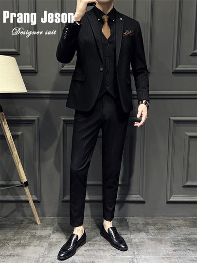 High-End Striped Men's Suit Set Business Casual Formal Wear Wedding Groom Suit Three-Piece Slim Fit Dress Suit for Men