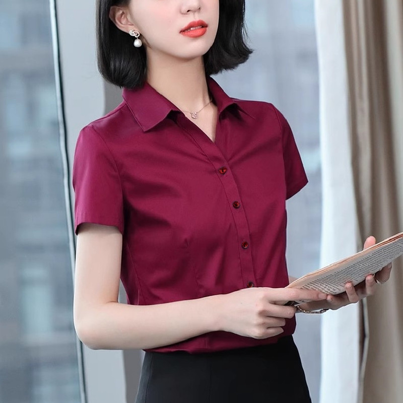 V-Neck Burgundy Short-Sleeved Shirt for Women, Summer Professional Attire, Waist-Cinching Top, Business Workwear, Formal Shirt
