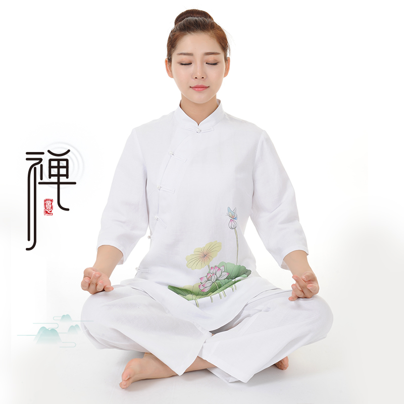 Tea dress Women's cotton and hemp Zen suit Meditation suit Linen standing collar lay suit Tea Ceremony meditation practice suit Lotus white