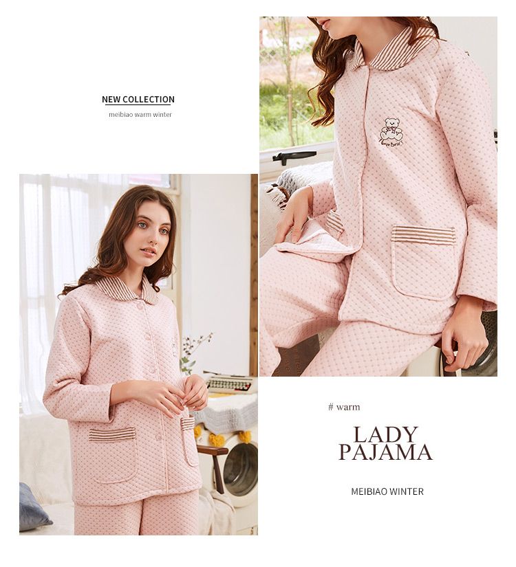 Tiêu chuẩn Mỹ mùa thu và mùa đông phụ nữ mới dày áo ngủ ba lớp ấm áp bộ bông xen kẽ có thể được mặc bên ngoài dịch vụ nhà bộ đũi mặc nhà