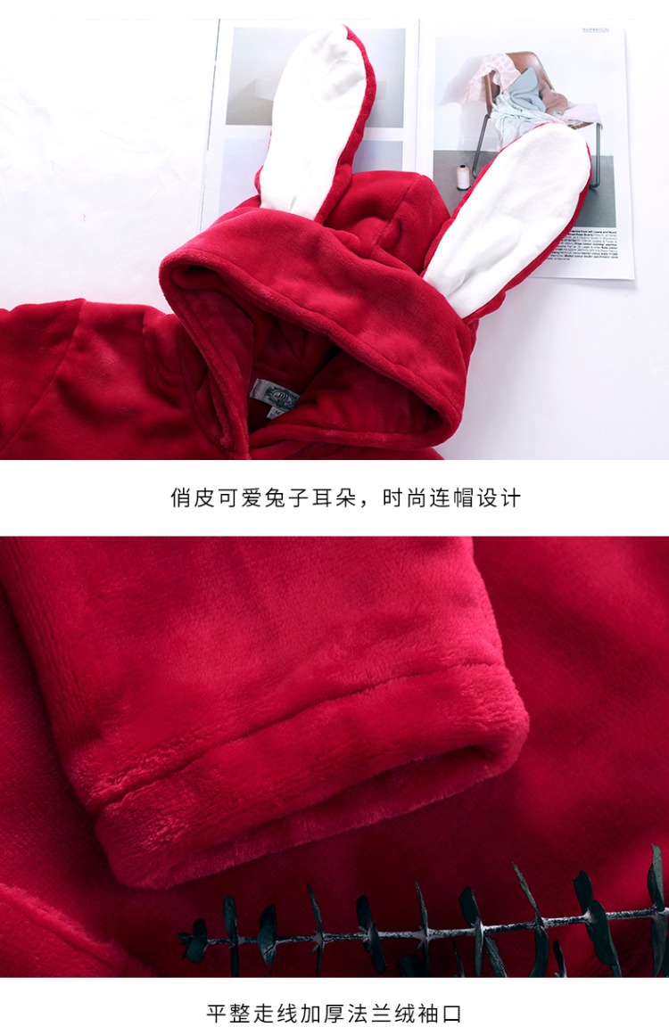 Bộ đồ ngủ nhung san hô tiêu chuẩn Mỹ phù hợp với nữ mùa đông có thể mặc áo trùm đầu hoạt hình flannel dịch vụ tại nhà màu đỏ năm nay đồ ngủ hình thú