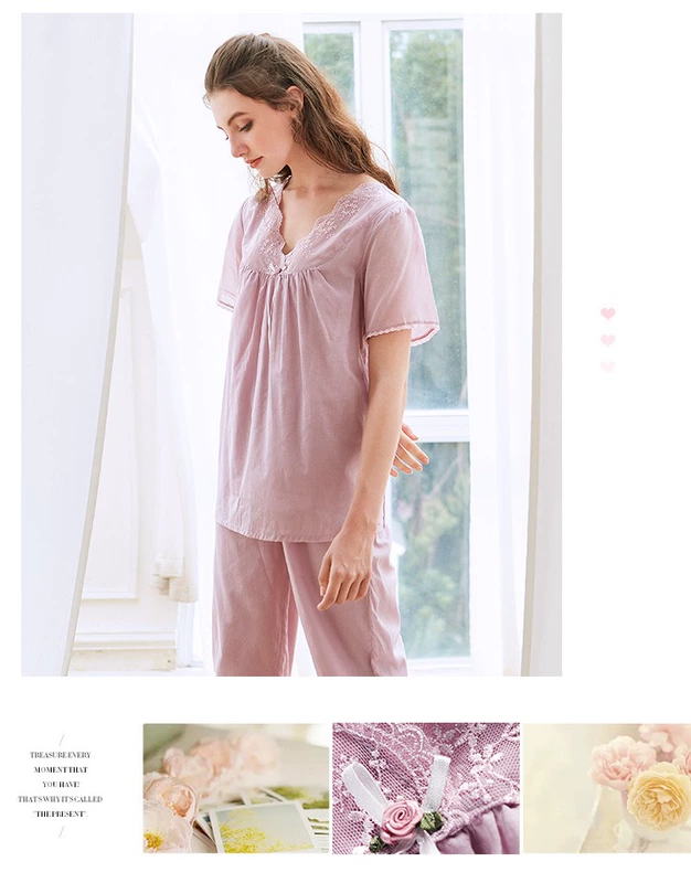 Bộ đồ ngủ ngắn tay cotton nữ 2018 Amoi ngọt ngào có thể mặc đồ công chúa cotton gợi cảm bộ đồ nhung thu đông