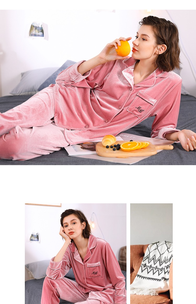Tiêu chuẩn Mỹ màu hồng mùa thu và mùa đông nhung vàng đồ ngủ ấm áp hai mảnh phù hợp với thêu mềm có thể được mặc bên ngoài dịch vụ nhà những kiểu đồ bộ dễ thương