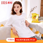 Bộ đồ ngủ cotton dài tay tiêu chuẩn Mỹ mùa xuân và mùa thu hoạt hình dễ thương có thể mặc giản dị cổ tròn cotton phục vụ nhà