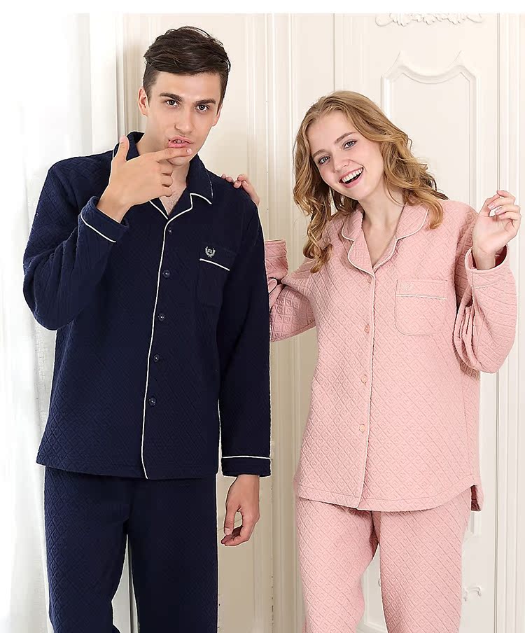 Bộ đồ ngủ cotton nam và nữ tiêu chuẩn Mỹ mùa thu và mùa đông ba lớp bông ấm áp bên ngoài mặc bộ đồ đôi phục vụ nhà cotton đồ lửng mặc nhà