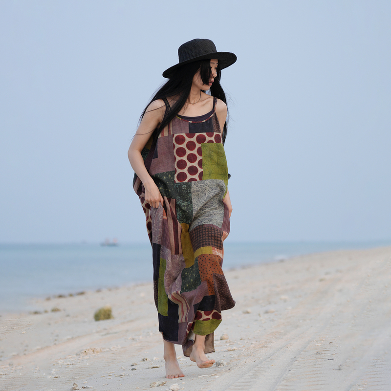 Pengpengjia W6C801 Linen Vintage Print Ethnic Style Long Strap Dress