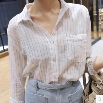 21 spring and summer new Korean version casual vertical striped long-sleeved cotton and linen shirt women's all-match small fresh loose shirt top