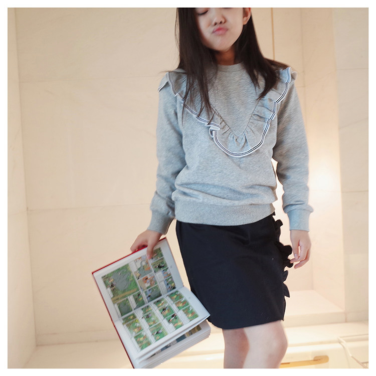 Doll Aimei autumn new female small and medium-sized children's lotus leaf solid color casual pullover sports sweater pants school uniform suit