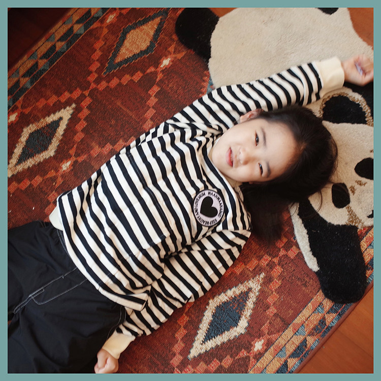 Doll Aimei autumn new original men and women middle and big children cotton striped pocket round neck sports terry pullover casual top