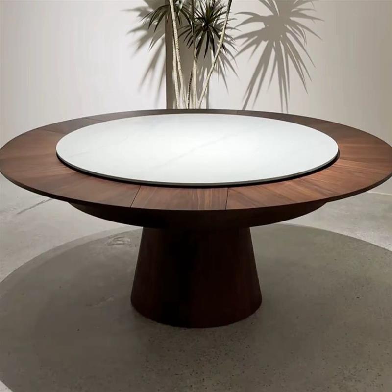 Slate Rotating Telescopic Round Dining Table, Variable Size, Multi-Functional Round Dining Table, Walnut Retro Home Dining Table