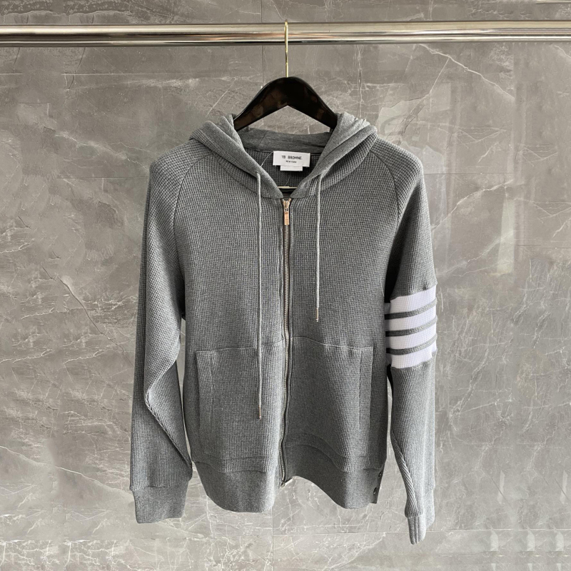 High-Quality Tb Waffle Jacket Zip-Up Hoodie Men's and Women's Sweatshirt Set with Four Stripes for Autumn and Winter Tb Brovvne