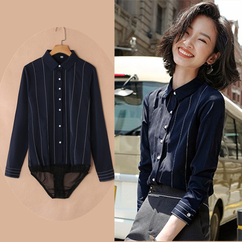 2022 Chiffon Jumpsuit Shirt Women's Long Sleeve Striped Professional Workwear OL Style