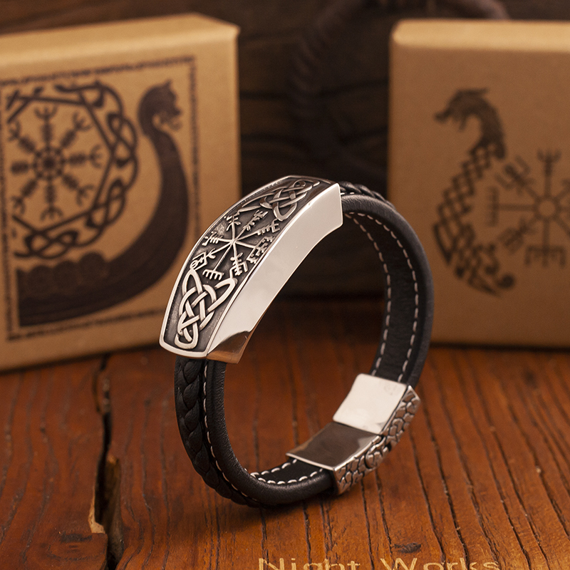 Night Works "Guide Bracelet" Nordic Viking Retro Compass Leather Bracelet Men's Large Size Rock Trend