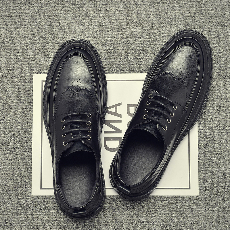 Black casual leather shoes men's Korean version trendy British youth soft leather autumn shoes trendy shoes all-match heightening sneakers