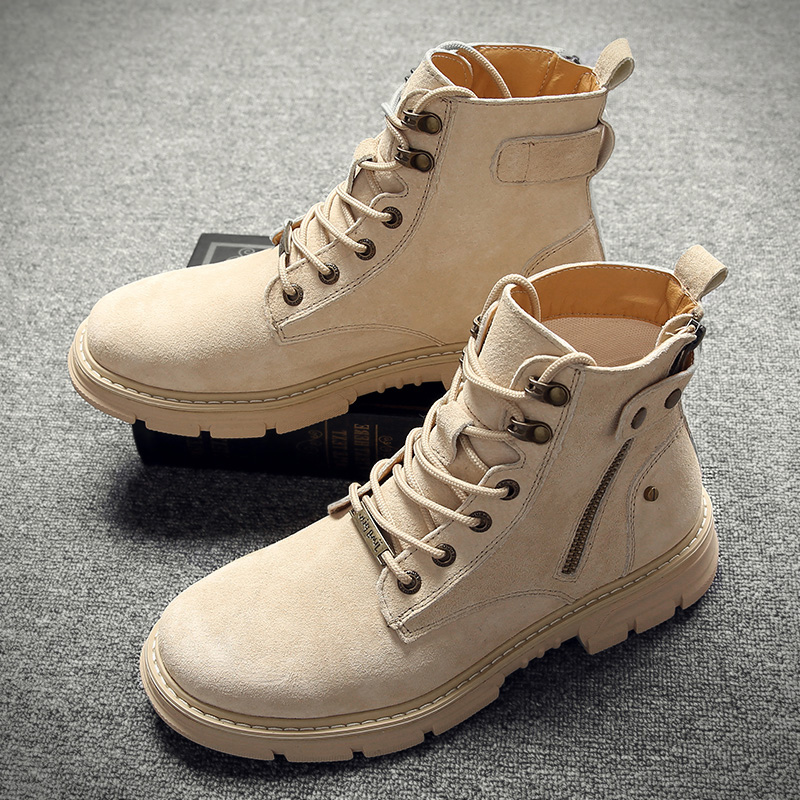 Martin boots men's mid-tube British velvet thick-soled high-top tooling boots winter men's boots leather side zipper retro boots