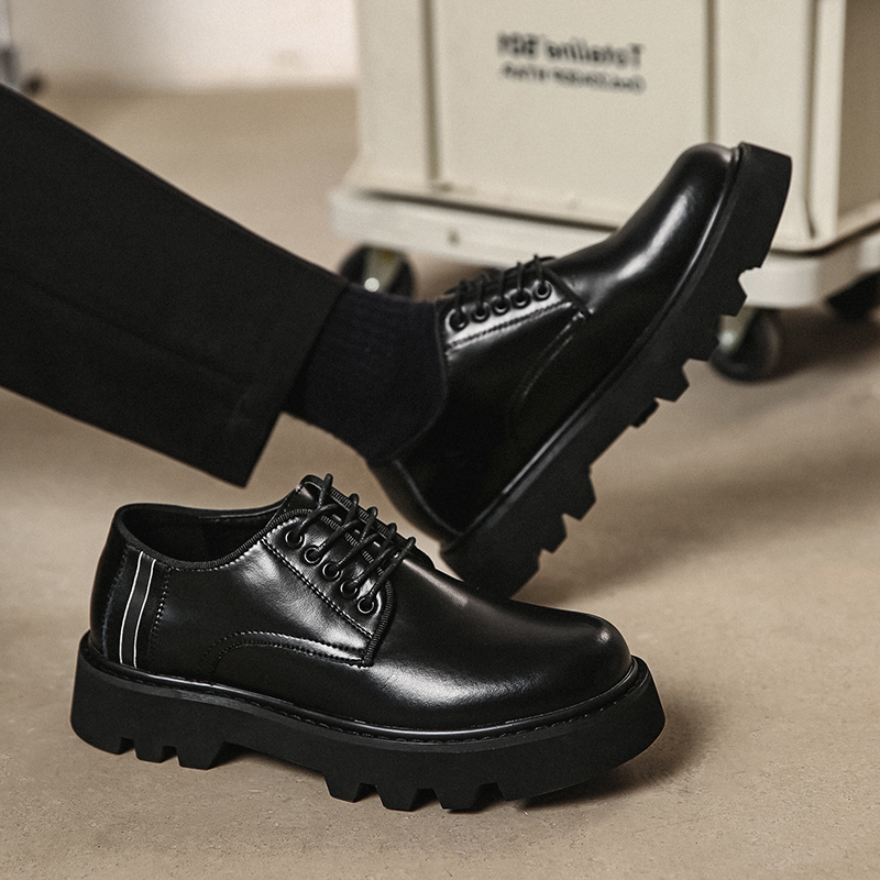 Men's shoes 2022 new casual leather shoes trend all-match Japanese platform shoes thick bottom leather breathable black tide shoes
