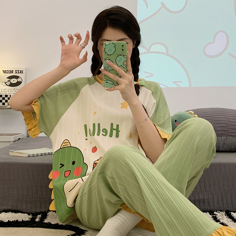 Cartoon Dinosaur Pajamas for Women, Summer Pure Cotton Short-Sleeved Set, Popular Summer Home Wear That Can Be Worn Outside Cartoon Dinosaur Pajamas for Women, Summer Pure Cotton Short-Sleeved Set, Popular Summer Home Wear That Can Be Worn Outside