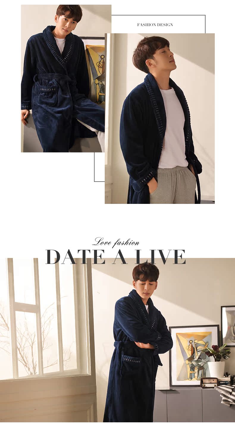 Áo ngủ Qingtong mùa thu và mùa đông flannel đồ ngủ san hô cashmere nam áo choàng tắm dày phần dài dịch vụ nhà shop đồ ngủ cao cấp