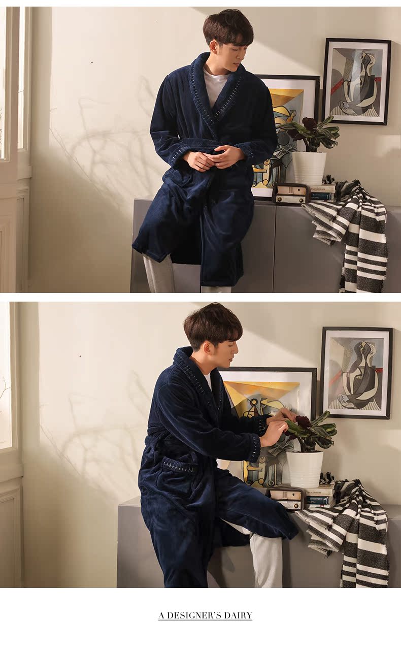 Áo ngủ Qingtong mùa thu và mùa đông flannel đồ ngủ san hô cashmere nam áo choàng tắm dày phần dài dịch vụ nhà shop đồ ngủ cao cấp