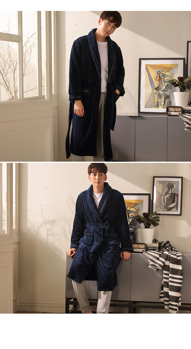 Áo ngủ Qingtong mùa thu và mùa đông flannel đồ ngủ san hô cashmere nam áo choàng tắm dày phần dài dịch vụ nhà shop đồ ngủ cao cấp