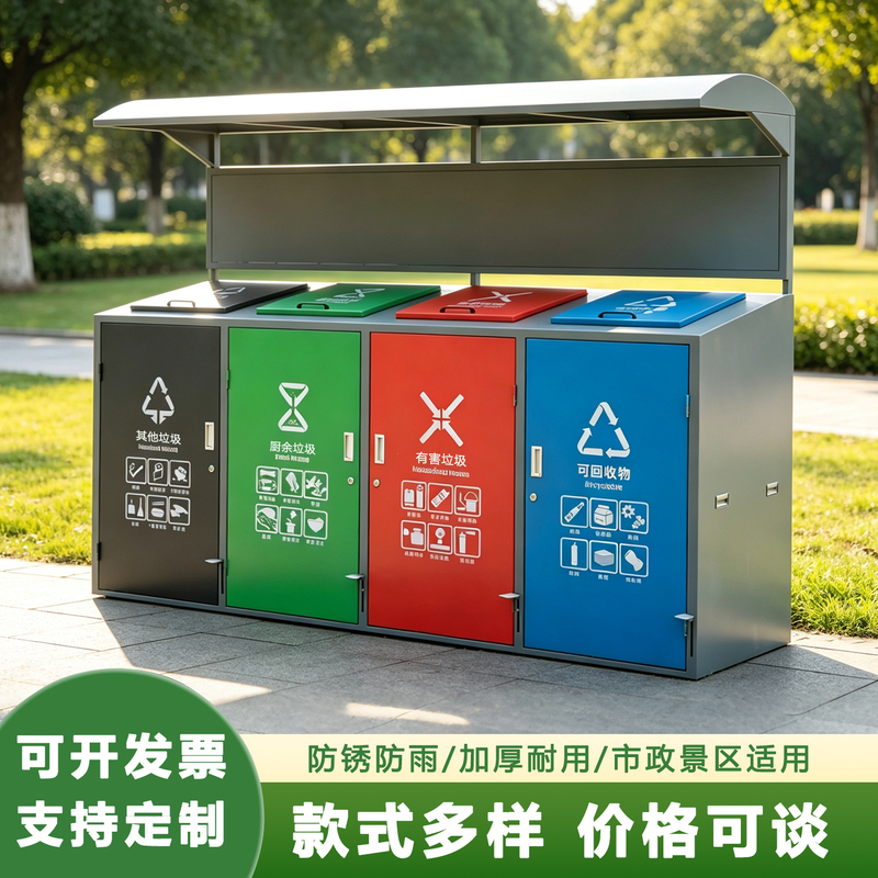Outdoor Large-Sized Three- or Four-Category Trash Bin with Foot Pedal, Waste Sorting Station for Community Sanitation, Lidded Sorting Trash Bin Outdoor Large-Sized Three- or Four-Category Trash Bin with Foot Pedal, Waste Sorting Station for Community Sanitation, Lidded Sorting Trash Bin