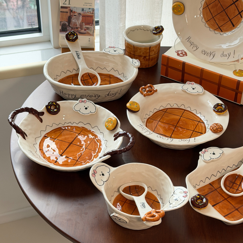 Underglaze Color Beautiful Tableware Cute Ceramic Rice Bowl Double-Handle Bowl Plate Bowl and Plate Set Wedding Housewarming Birthday Gift