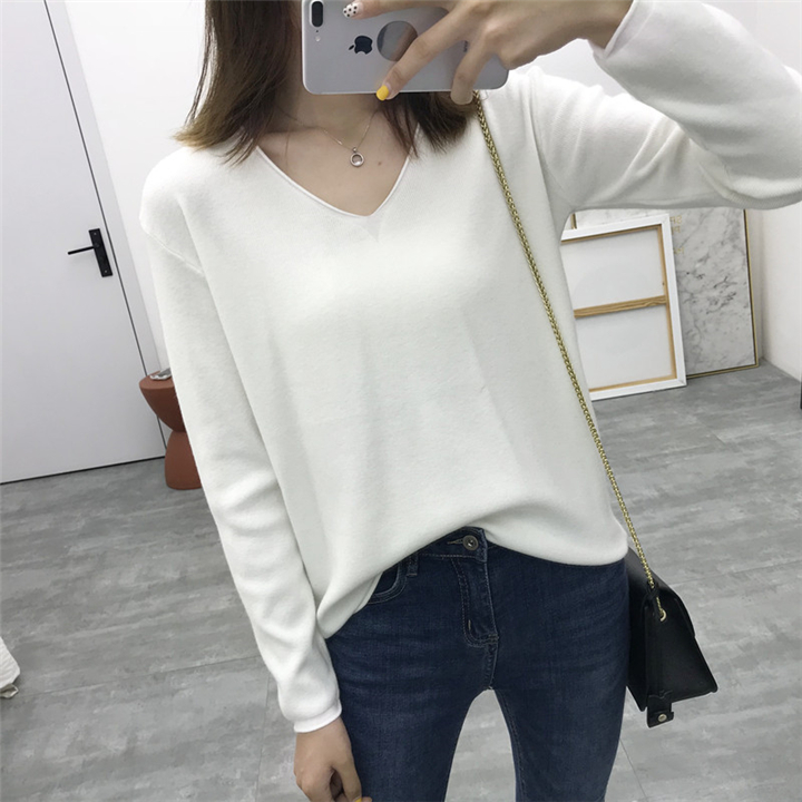 5 màu nền đơn giản thoải mái mềm mại tự nhiên uốn xoăn tự nhiên V-cổ áo thun rắn màu dài tay áo len đáy quần nữ áo len cao cổ
