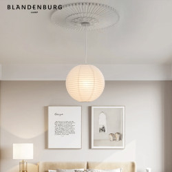 Round Ball Chandelier, Isamu Noguchi Japanese-Style Minimalist Paper Art Lantern Shape Room Lamp, Modern, Stylish, Cozy Bedroom Main Light