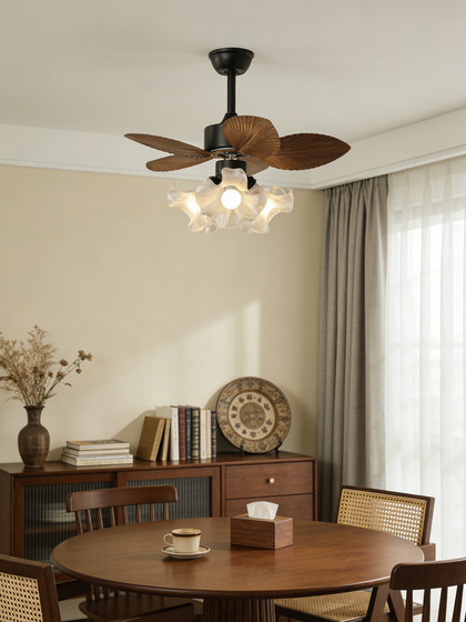 Fan Chandelier French Mid-Century Style Petal Art Restaurant Bar Fan Light New Retro Variable Frequency Ceiling Fan Light