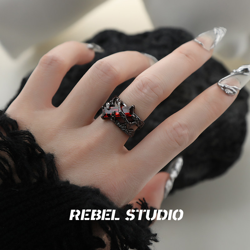 Rebel Studio Original Design Vintage Ruby Ring, Niche Style, Punk Dark Metal Ring for Women