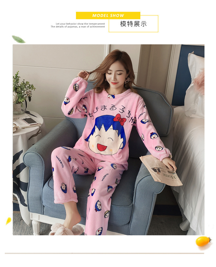 Dễ thương mùa đông ấm áp flannel dịch vụ nhà dày mùa thu và mùa đông san hô lông cừu hai mảnh phù hợp với đồ ngủ dài tay phụ nữ pyjama thu đông