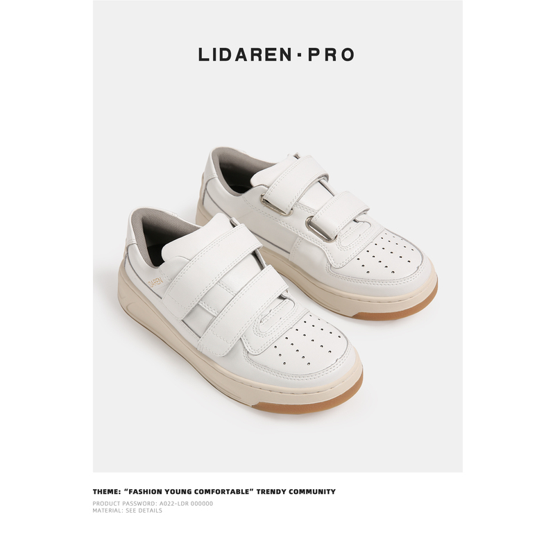 [Li Daren] 2026 New Genuine Leather Smiley Face Velcro White Sneakers for Women, Thick-Soled Height-Increasing Casual Sports Sneakers
