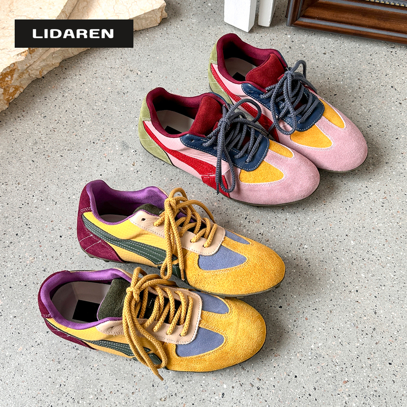 【Li Daren】Color-Blocking Energy~Genuine Leather Color-Blocking Dopamine-Style German Training Running Shoes for Women, Versatile Sports Racing Shoes
