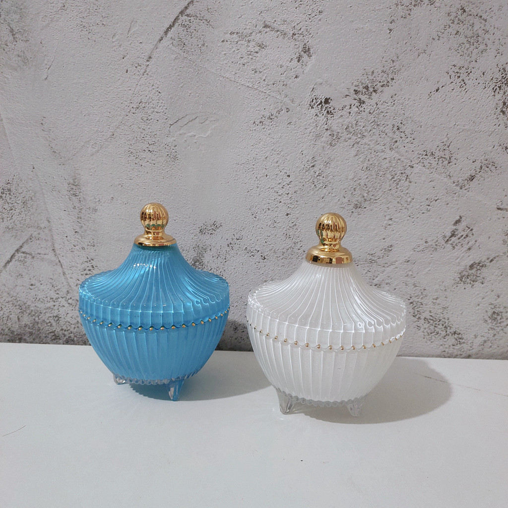 Mirror beauty retro vintage blue white high foot glass gold jewelry storage box glass jar home decoration