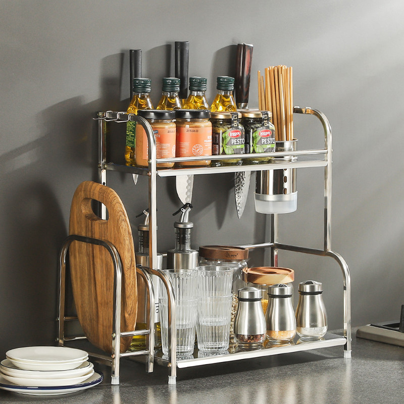 Stainless steel kitchen rack seasoning soy sauce bottle storage rack countertop floor-to-ceiling 2-layer 3-layer knife rack storage rack