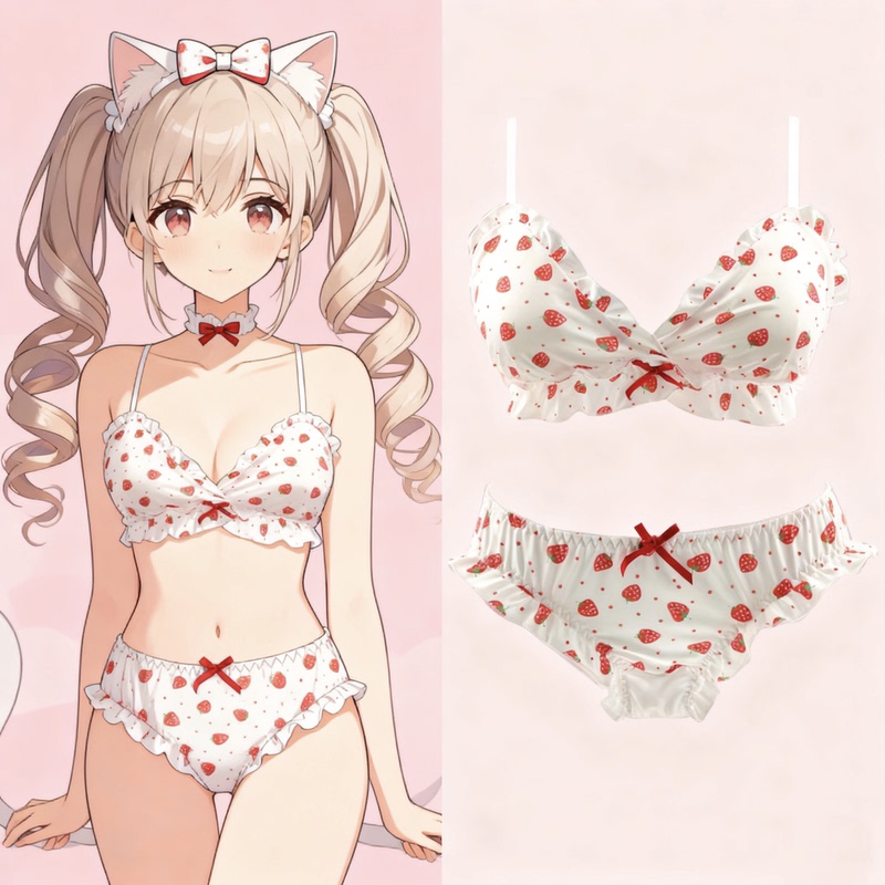 18N2 Cute Japanese-Style Wireless Bra Set for Girls, Puberty Strawberry Heart Milk Silk Cute Girl Anime Style
