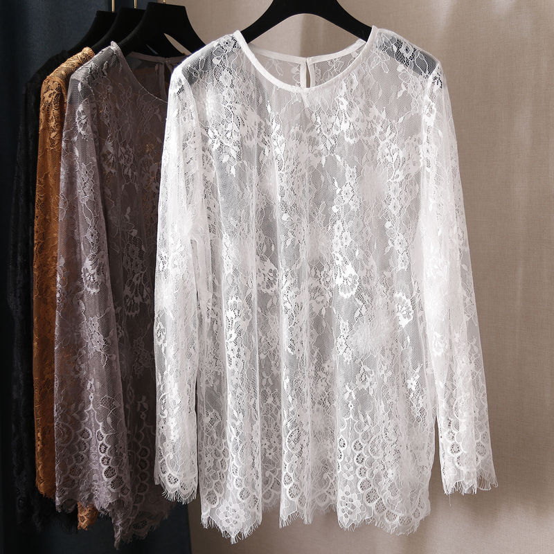Round Neck Pullover Long-Sleeve Lace Crochet Loose-Fit Base Shirt Sexy Versatile Inner Wear Blouse for Women