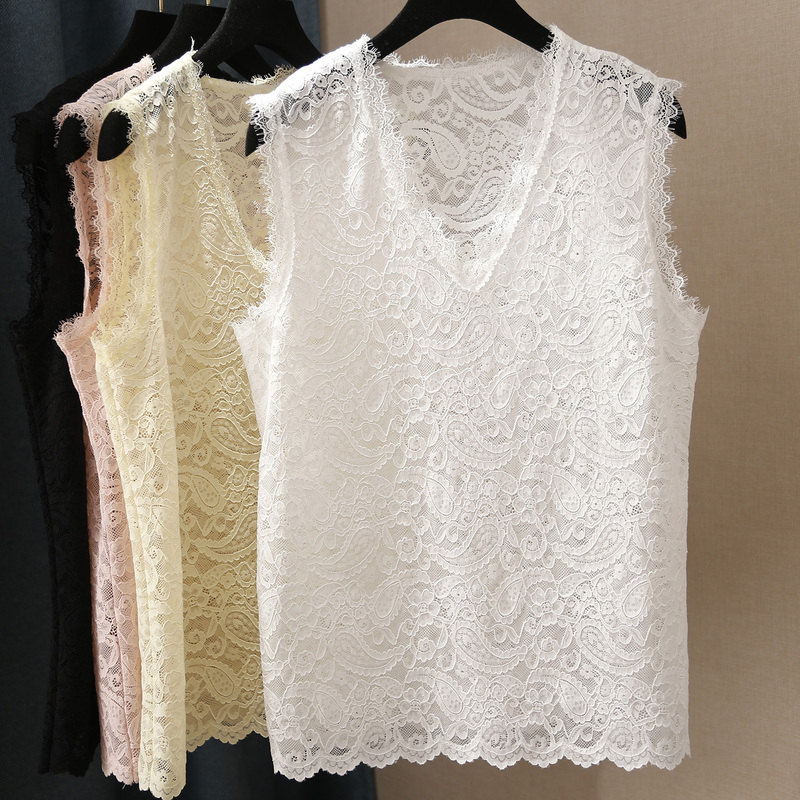 Cashew Flower High-End Feminine V-Neck Lace Trim Sleeveless Top with Hollow-Out Lace Base Layer Tank Top