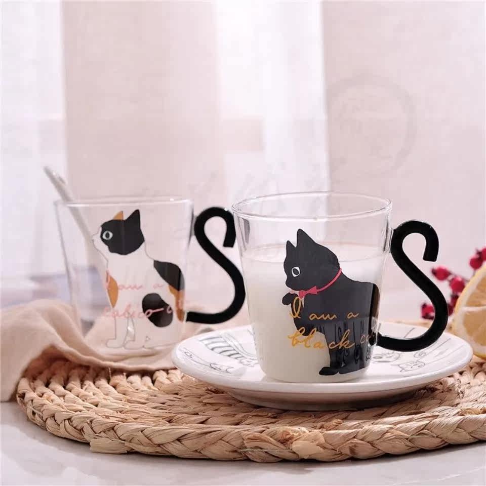 Couple Cup A pair of lovers design niche glass ins Japanese style cat glass coffee milk cup home