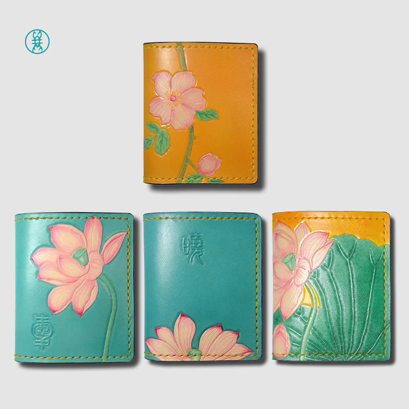 Handmade Genuine Leather Carved Lotus Card Holder Women's Short Wallet Top Layer Leather Ladies' Rose Vintage Mini Wallet Gift