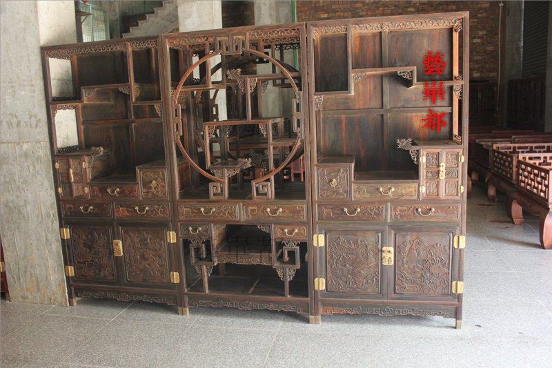 Solid wood furniture Lao Black Acid Branches Carved Dragon Triple-combined Bookcase Chinese Furniture House Series