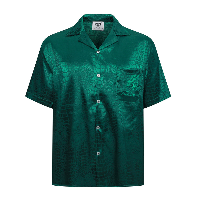 Retro Chinese Style Python Skin Pattern Jacquard Shirt High-End Satin Emerald Loose Short-Sleeved Shirt for Men Summer