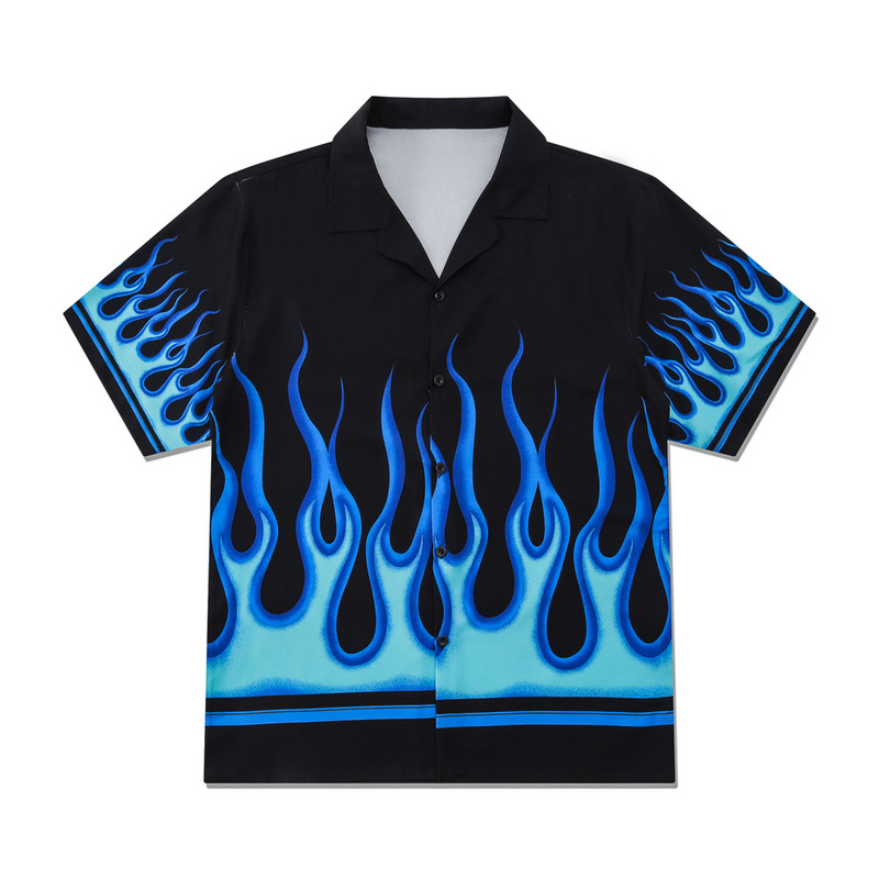 European and American Style Trendy Street Dance Biker Men's Shirt Blue Flame Print Loose Lapel Short-Sleeved Shirt
