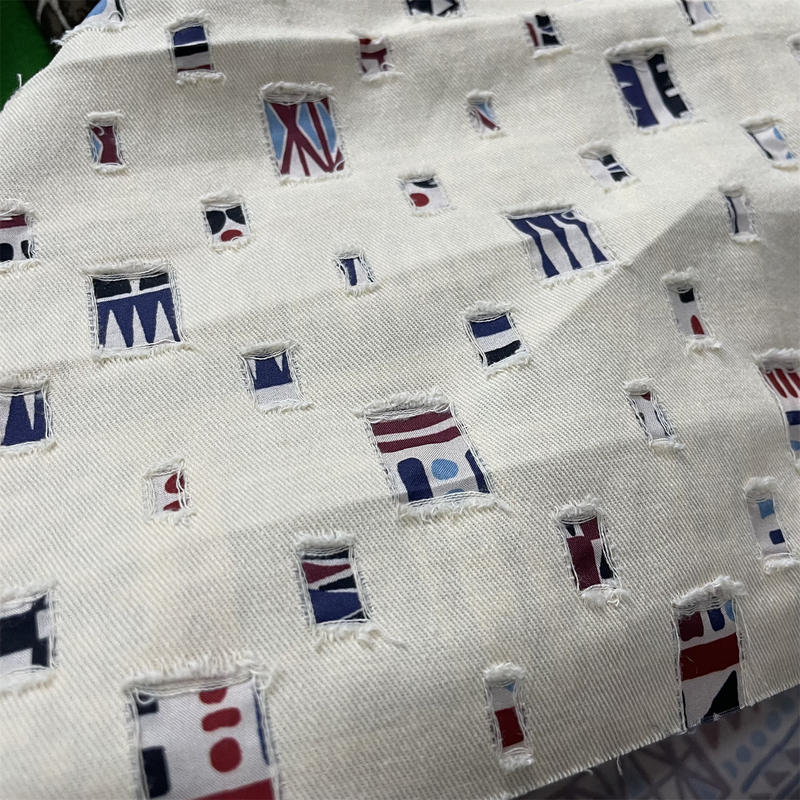 Beige Plaid Denim Cut-Out Distressed Jacquard Fabric for Vintage-Style Half Skirts, Fashion Designer Material