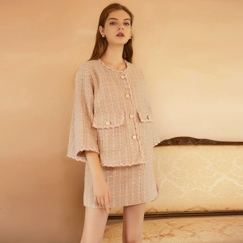 Cửa hàng hư cấu 2021 gói váy hông phù hợp với đầu mùa thu mới hương thơm nhỏ phù hợp với nữ váy vải tuýt màu hồng quý bà - Bộ đồ