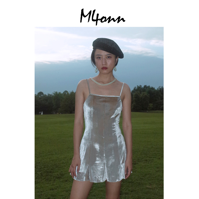 M4Onn in Stock Silver Velvet Retro Ultra-Short Petal Ruffle Strap Dress
