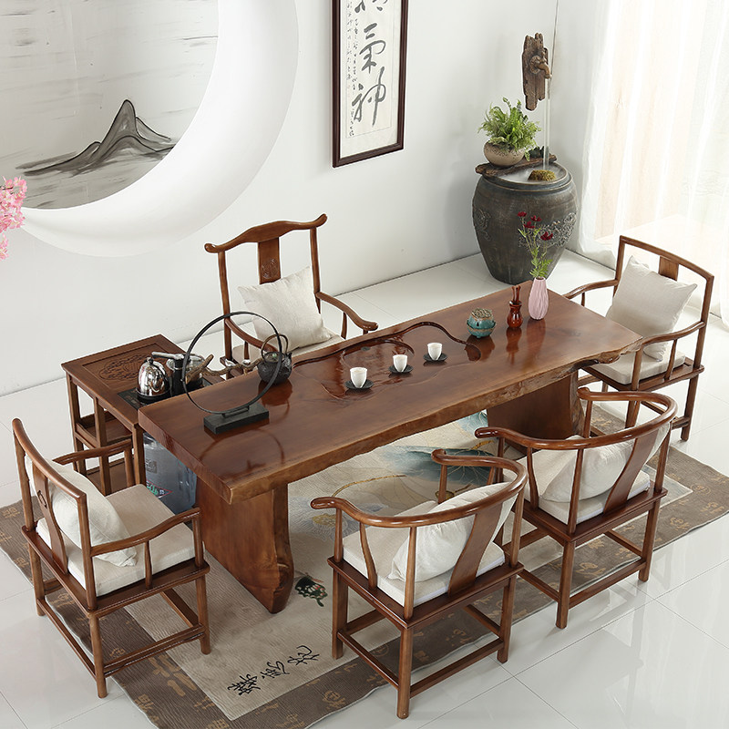 New Chinese Tea Table Log Solid Wood Large Plate 1 m 8 Tea Table Tea Table Tea Set Integrated Office Tea Table And Chairs Combination