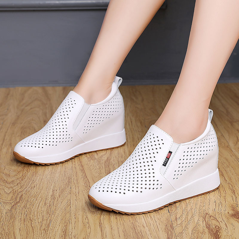 2026 Spring New Genuine Leather Height-Increasing Women's Shoes for Petite Figures, Hollow Breathable White Shoes, Versatile Casual Shoes